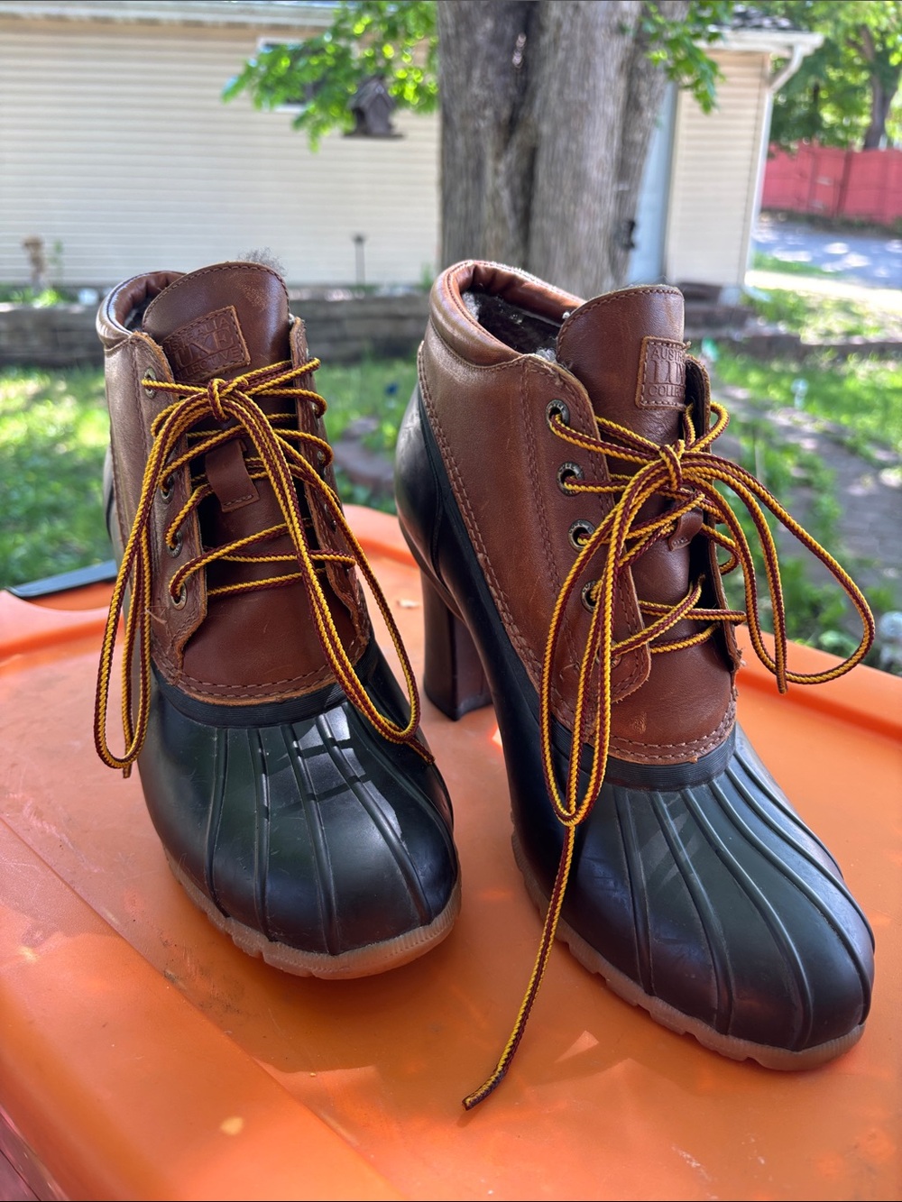 Women's Brown Leather and Black Rubber Lace-Up Duck Boots